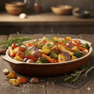 keptos daržovės su rozmarinu patiektos lekštėje