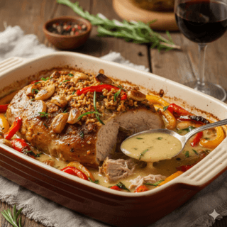 Gilioje kepimo formoje patiektas sultingas, orkaitėje keptas kiaulienos kumpis, gausiai apibarstytas keptais česnakais ir žolelėmis. Mėsa apsupta spalvingomis raudonomis ir geltonomis paprikomis bei tirštu grietinėlės padažu