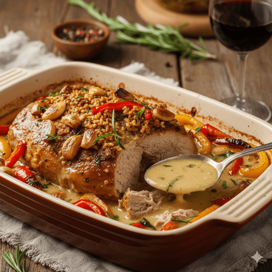 Gilioje kepimo formoje patiektas sultingas, orkaitėje keptas kiaulienos kumpis, gausiai apibarstytas keptais česnakais ir žolelėmis. Mėsa apsupta spalvingomis raudonomis ir geltonomis paprikomis bei tirštu grietinėlės padažu