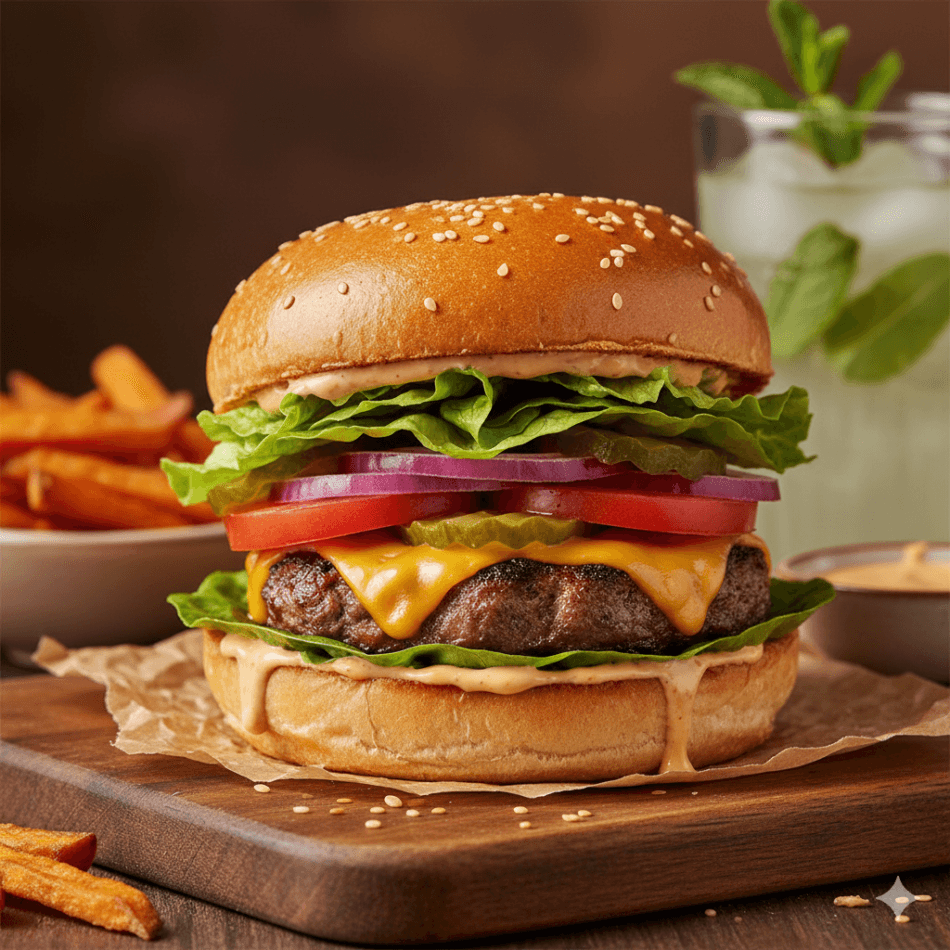 Sultingas naminis mėsainis su jautiena, tirpstančiu sūriu, šviežiomis daržovėmis ir traškia bandele ant medinės lentelės