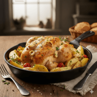 Kepama visa vištiena keptuvėje su bulvėmis, vyšniniais pomidorais ir šviežiu rozmarinu.