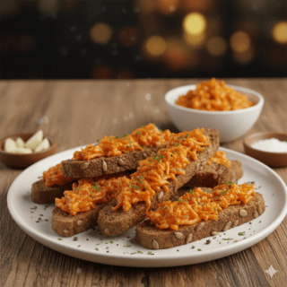 Keptos juodos duonos juostelės, apteptos auksiniu keptų morkų, česnako ir majonezo mišiniu, papuoštos žalumynais.