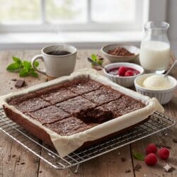 Šokoladinis brownie pyragas kvadratinėje formoje su druskos dribsniais