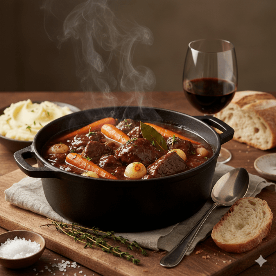 Garuojantis jautienos troškinys juodame ketaus puode su morkomis, svogūnais ir čiobreliais, šalia patiekiama bulvių košė, prancūziškas batonas ir taurė raudonojo vyno ant medinio stalo.